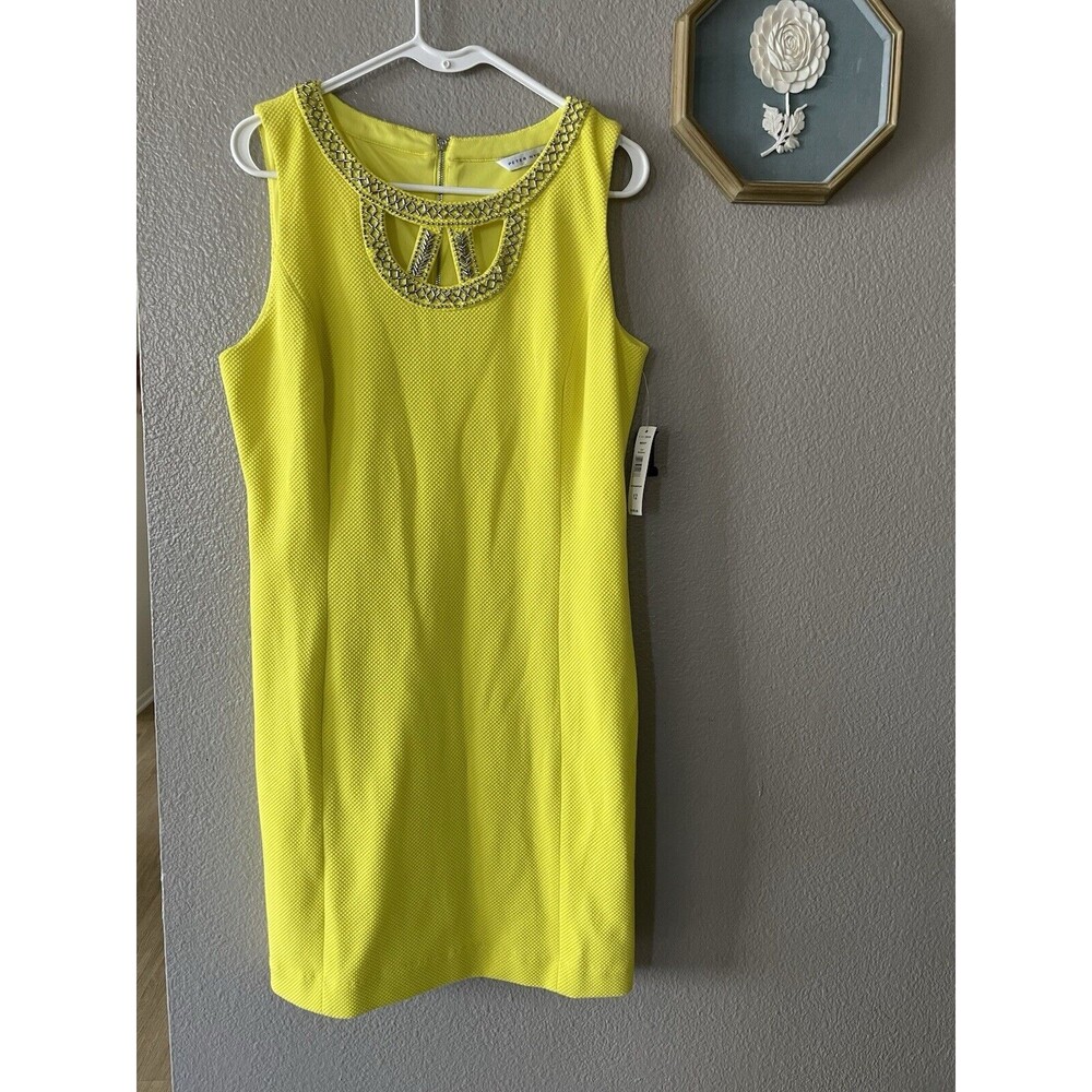 NWT Peter Nygard Petite Beaded Neck Yellow Lined Dress Sleeveless Zipper Size 12